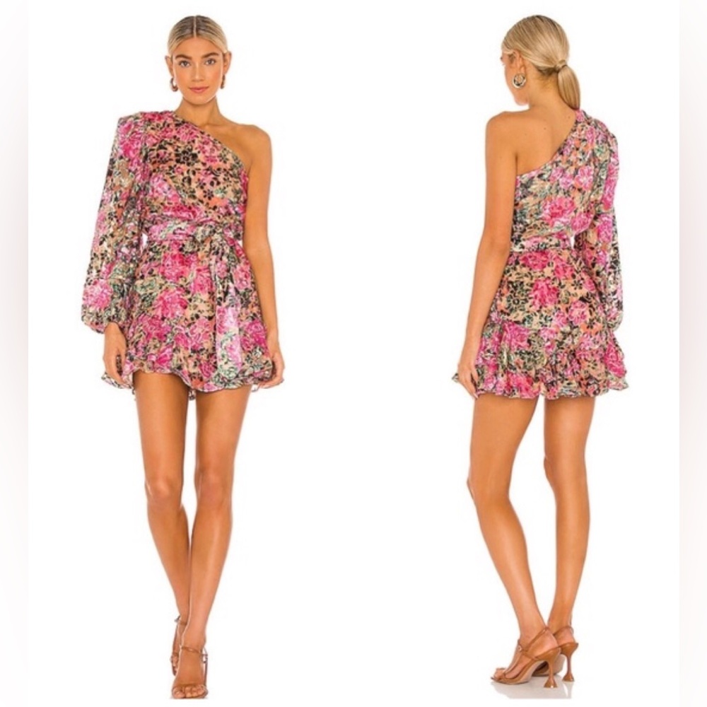 HEMANT & NANDITA Pink and Black One-Shoulder Floral Mini Dress